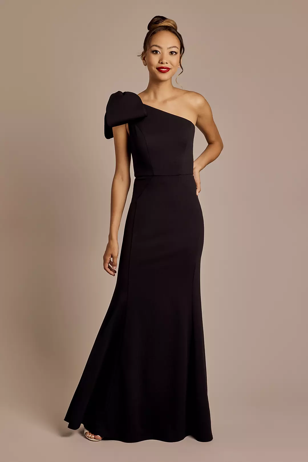 Stretch Crepe Asymmetric Gown with Shoulder Bow | David's Bridal Stretch Crepe Asymmetric Gown with Shoulder Bow | David's Bridal